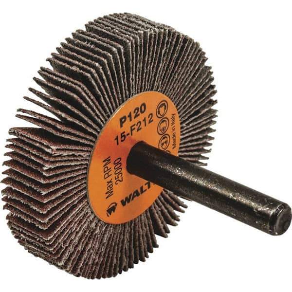 WALTER Surface Technologies - 2" Diam x 3/8" Face Width, Fine Aluminum Oxide Coated Mounted Flap Wheel - 1/4" Shank Mount, 120 Grit, Cloth Backing, 25,000 Max RPM - Industrial Tool & Supply