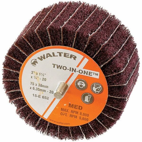 WALTER Surface Technologies - 3" Diam x 1-1/2" Face Width, Fine Aluminum Oxide Nonwoven & Coated Mounted Flap Wheel - 1/4-20 Threaded Mount, 150 Grit, Interleaf, 8,000 Max RPM - Industrial Tool & Supply