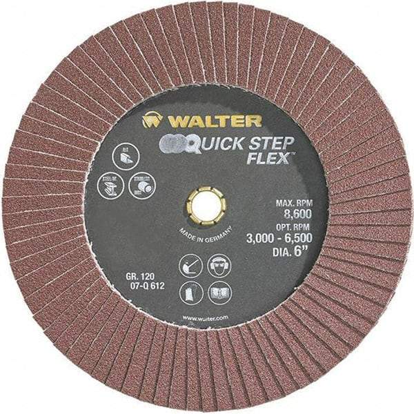 WALTER Surface Technologies - 120 Grit, 6" Disc Diam, Aluminum Oxide Flap Disc - 8,600 Max RPM, Fiber Backing, Hook & Loop Attaching System, Coated - Industrial Tool & Supply