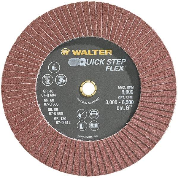 WALTER Surface Technologies - 80 Grit, 6" Disc Diam, Aluminum Oxide Flap Disc - 8,600 Max RPM, Fiber Backing, Hook & Loop Attaching System, Coated - Industrial Tool & Supply