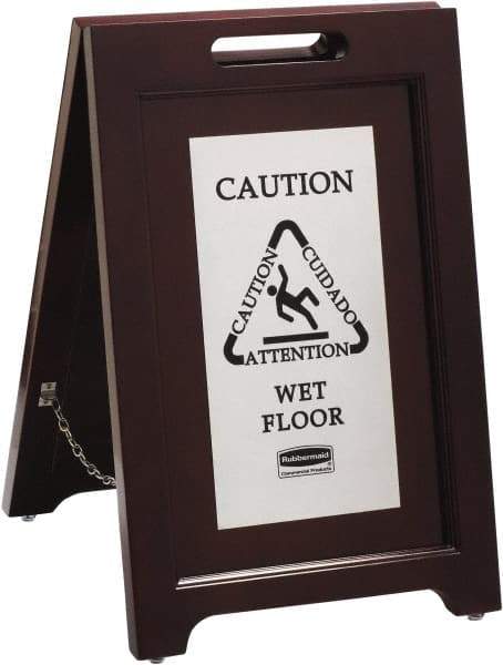 Rubbermaid - Attention/, Caution/, Cuidado/, Wet Floor, 15-1/8" Wide x 22" High, Wood Floor Sign - English/French/Spanish, A-Frame, Black on Silver, For Accident Prevention - Industrial Tool & Supply