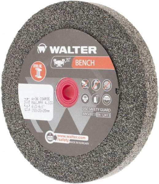 WALTER Surface Technologies - 36 Grit Aluminum Oxide Bench & Pedestal Grinding Wheel - 6" Diam x 1" Hole x 3/4" Thick, 4100 Max RPM, Coarse Grade, Vitrified Bond - Industrial Tool & Supply