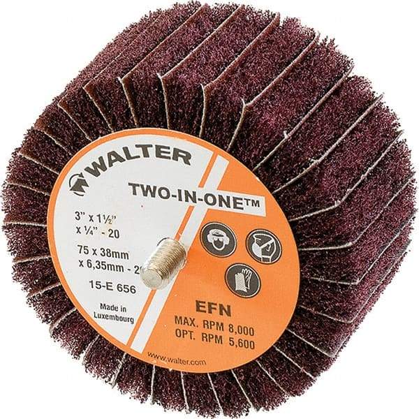WALTER Surface Technologies - 3" Diam x 1-1/2" Face Width, Extra Fine Aluminum Oxide Nonwoven & Coated Mounted Flap Wheel - 1/4-20 Threaded Mount, 220 Grit, Interleaf, 8,000 Max RPM - Industrial Tool & Supply