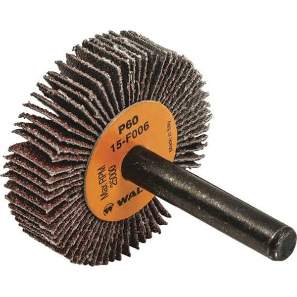 WALTER Surface Technologies - 1" Diam x 3/8" Face Width, Medium Aluminum Oxide Coated Mounted Flap Wheel - 1/4" Shank Mount, 60 Grit, Cloth Backing, 30,000 Max RPM - Industrial Tool & Supply