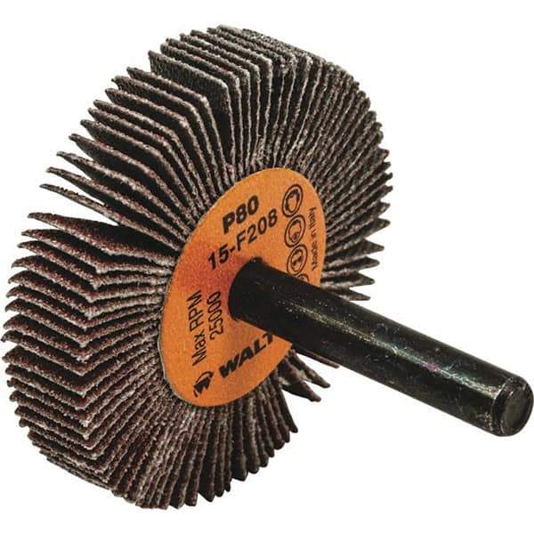 WALTER Surface Technologies - 2" Diam x 3/8" Face Width, Medium Aluminum Oxide Coated Mounted Flap Wheel - 1/4" Shank Mount, 80 Grit, Cloth Backing, 25,000 Max RPM - Industrial Tool & Supply