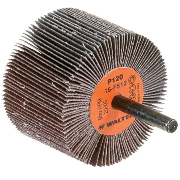 WALTER Surface Technologies - 2-1/2" Diam x 1-1/2" Face Width, Fine Aluminum Oxide Coated Mounted Flap Wheel - 1/4" Shank Mount, 120 Grit, Cloth Backing, 20,000 Max RPM - Industrial Tool & Supply
