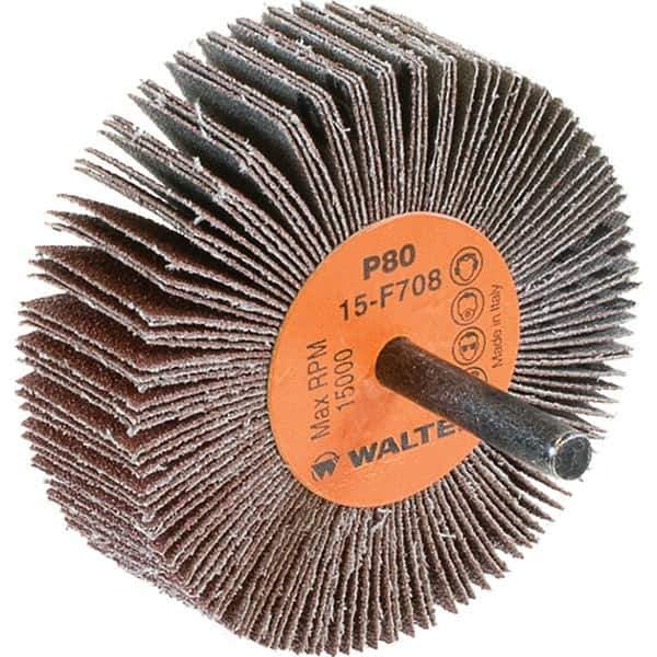 WALTER Surface Technologies - 3" Diam x 1" Face Width, Medium Aluminum Oxide Coated Mounted Flap Wheel - 1/4" Shank Mount, 80 Grit, Cloth Backing, 15,000 Max RPM - Industrial Tool & Supply