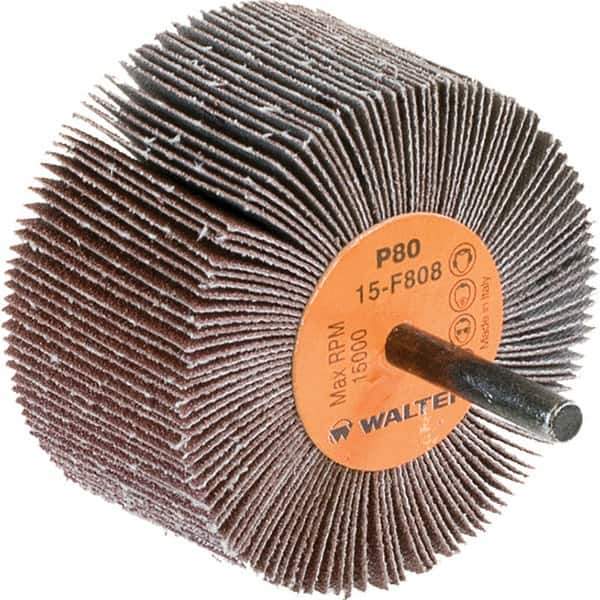 WALTER Surface Technologies - 3" Diam x 1-1/2" Face Width, Medium Aluminum Oxide Coated Mounted Flap Wheel - 1/4" Shank Mount, 80 Grit, Cloth Backing, 15,000 Max RPM - Industrial Tool & Supply
