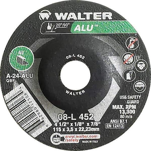 WALTER Surface Technologies - 24 Grit, 4-1/2" Wheel Diam, 1/8" Wheel Thickness, 7/8" Arbor Hole, Type 27 Depressed Center Wheel - Aluminum Oxide, Resinoid Bond, 13,300 Max RPM - Industrial Tool & Supply