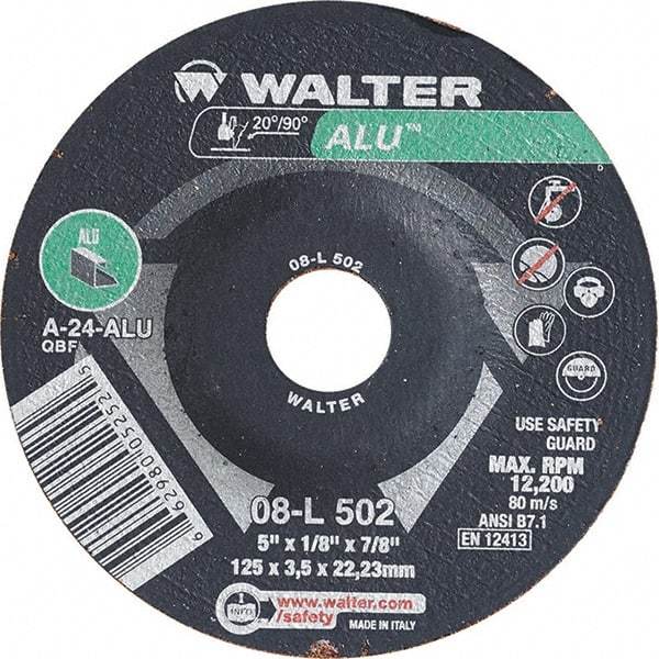 WALTER Surface Technologies - 24 Grit, 5" Wheel Diam, 1/8" Wheel Thickness, 7/8" Arbor Hole, Type 27 Depressed Center Wheel - Aluminum Oxide, Resinoid Bond, 12,200 Max RPM - Industrial Tool & Supply