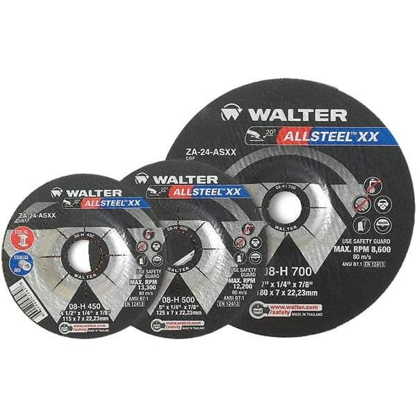 WALTER Surface Technologies - 24 Grit, 4-1/2" Wheel Diam, 1/8" Wheel Thickness, Type 27 Depressed Center Wheel - Aluminum Oxide, Resinoid Bond, 13,300 Max RPM - Industrial Tool & Supply