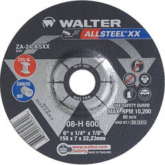 WALTER Surface Technologies - 24 Grit, 6" Wheel Diam, 1/4" Wheel Thickness, 7/8" Arbor Hole, Type 27 Depressed Center Wheel - Aluminum Oxide, Resinoid Bond, 10,200 Max RPM - Industrial Tool & Supply