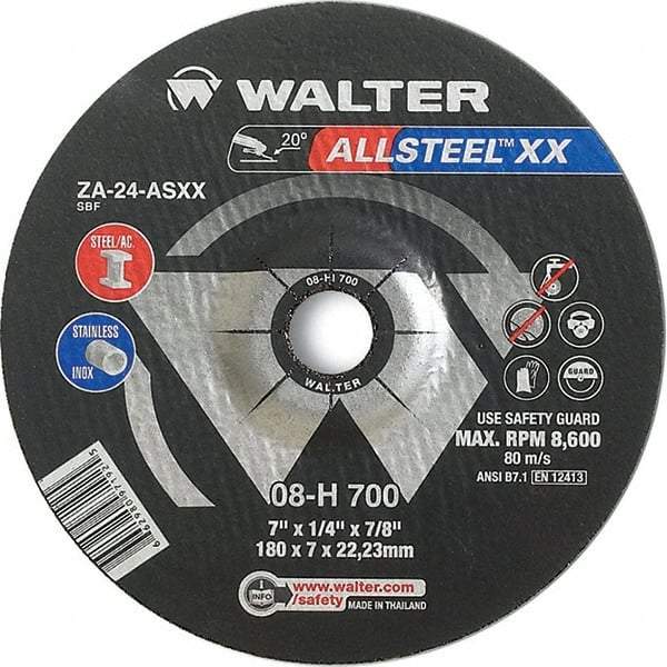 WALTER Surface Technologies - 24 Grit, 7" Wheel Diam, 1/8" Wheel Thickness, 7/8" Arbor Hole, Type 27 Depressed Center Wheel - Aluminum Oxide, Resinoid Bond, 8,600 Max RPM - Industrial Tool & Supply