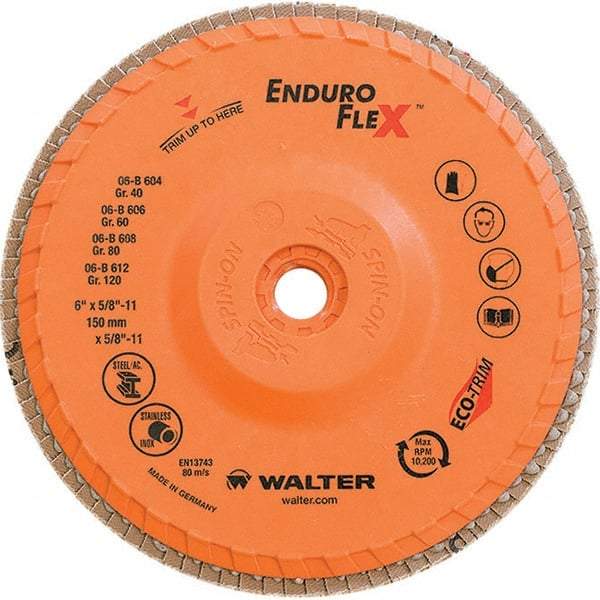 WALTER Surface Technologies - 80 Grit, 6" Disc Diam, 5/8-11 Center Hole, Type 28 Ceramic Flap Disc - 10,200 Max RPM, Plastic Backing, Arbor Attaching System, Coated - Industrial Tool & Supply