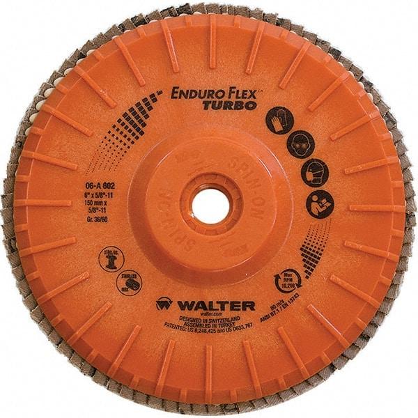 WALTER Surface Technologies - 36 & 60 Grit, 6" Disc Diam, 5/8-11 Center Hole, Type 28 Ceramic Flap Disc - 10,200 Max RPM, Plastic Backing, Arbor Attaching System, Coated - Industrial Tool & Supply