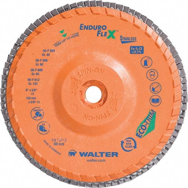 WALTER Surface Technologies - 40 Grit, 6" Disc Diam, 5/8-11 Center Hole, Type 28 Ceramic Flap Disc - 10,200 Max RPM, Plastic Backing, Arbor Attaching System, Coated - Industrial Tool & Supply