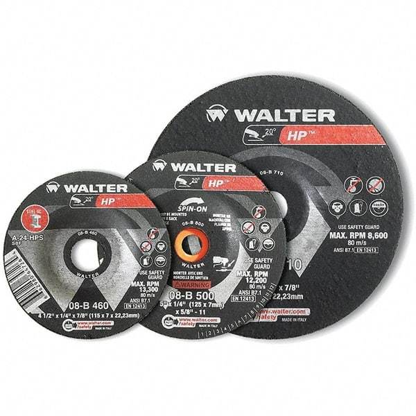 WALTER Surface Technologies - 24 Grit, 3" Wheel Diam, 1/8" Wheel Thickness, 3/8" Arbor Hole, Type 27 Depressed Center Wheel - Aluminum Oxide, Resinoid Bond, 20,000 Max RPM - Industrial Tool & Supply