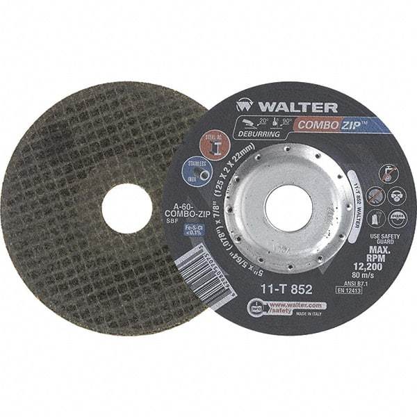 WALTER Surface Technologies - 60 Grit, 5" Wheel Diam, 5/64" Wheel Thickness, 7/8" Arbor Hole, Type 27 Depressed Center Wheel - 12,200 Max RPM - Industrial Tool & Supply