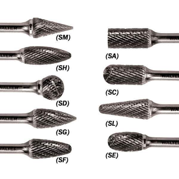 WALTER Surface Technologies - 1/2" Cut Diam, 1/4" Shank Diam, Flame Head Double Cut Burr - Carbide, 1-1/4" LOC - Industrial Tool & Supply