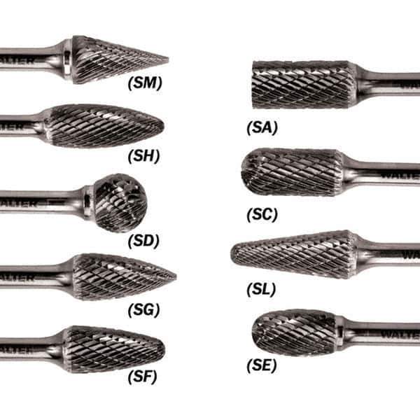 WALTER Surface Technologies - 3/8" Cut Diam, 1/4" Shank Diam, Taper Head Double Cut Burr - Carbide, 3/4" LOC - Industrial Tool & Supply