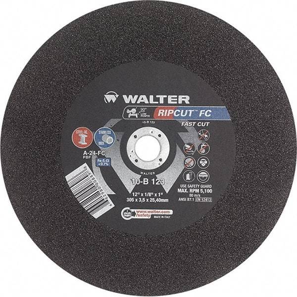 WALTER Surface Technologies - 12" 24 Grit Aluminum Oxide Cutoff Wheel - 1/8" Thick, 1" Arbor, 5,100 Max RPM, Use with Stationary Tools - Industrial Tool & Supply