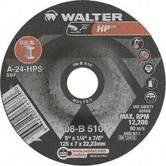 WALTER Surface Technologies - 24 Grit, 5" Wheel Diam, 1/4" Wheel Thickness, 7/8" Arbor Hole, Type 27 Depressed Center Wheel - Aluminum Oxide, Resinoid Bond, 12,200 Max RPM - Industrial Tool & Supply