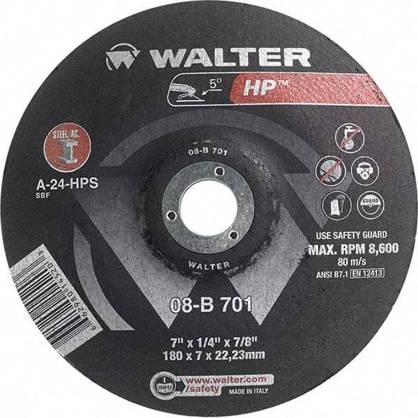 WALTER Surface Technologies - 24 Grit, 7" Wheel Diam, 1/4" Wheel Thickness, 7/8" Arbor Hole, Type 28 Depressed Center Wheel - Aluminum Oxide, Resinoid Bond, 8,600 Max RPM - Industrial Tool & Supply