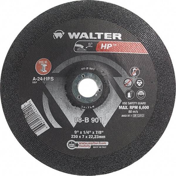 WALTER Surface Technologies - 24 Grit, 9" Wheel Diam, 1/4" Wheel Thickness, 7/8" Arbor Hole, Type 28 Depressed Center Wheel - Aluminum Oxide, Resinoid Bond, 6,600 Max RPM - Industrial Tool & Supply