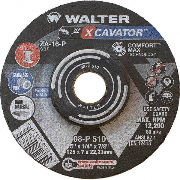 WALTER Surface Technologies - 16 Grit, 5" Wheel Diam, 1/4" Wheel Thickness, 7/8" Arbor Hole, Type 27 Depressed Center Wheel - Aluminum Oxide, Resinoid Bond, 12,200 Max RPM - Industrial Tool & Supply