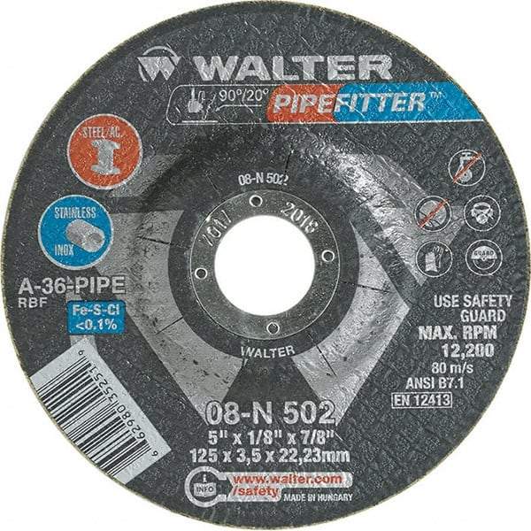 WALTER Surface Technologies - 36 Grit, 5" Wheel Diam, 1/8" Wheel Thickness, 7/8" Arbor Hole, Type 27 Depressed Center Wheel - Aluminum Oxide/Silicon Carbide Blend, Resinoid Bond, 12,200 Max RPM, Compatible with Angle Grinder - Industrial Tool & Supply