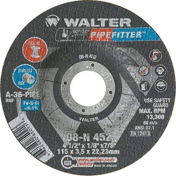 WALTER Surface Technologies - 36 Grit, 4-1/2" Wheel Diam, 1/8" Wheel Thickness, 7/8" Arbor Hole, Type 27 Depressed Center Wheel - Aluminum Oxide/Silicon Carbide Blend, Resinoid Bond, 13,300 Max RPM, Compatible with Angle Grinder - Industrial Tool & Supply