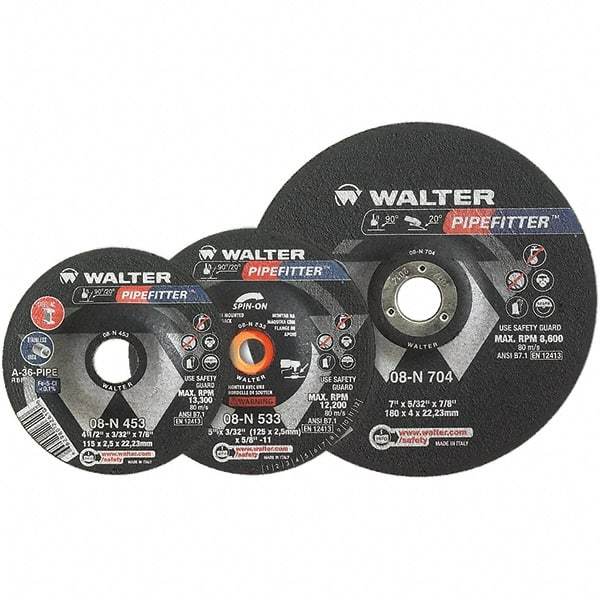 WALTER Surface Technologies - 36 Grit, 4-1/2" Wheel Diam, 5/32" Wheel Thickness, 7/8" Arbor Hole, Type 27 Depressed Center Wheel - Aluminum Oxide/Silicon Carbide Blend, Resinoid Bond, 13,300 Max RPM - Industrial Tool & Supply