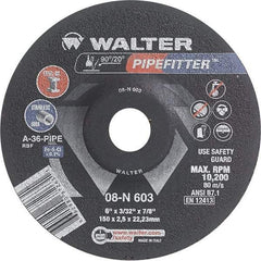 WALTER Surface Technologies - 36 Grit, 6" Wheel Diam, 3/32" Wheel Thickness, 7/8" Arbor Hole, Type 27 Depressed Center Wheel - Aluminum Oxide/Silicon Carbide Blend, Resinoid Bond, 10,200 Max RPM - Industrial Tool & Supply