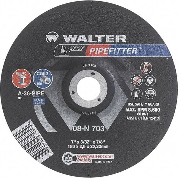 WALTER Surface Technologies - 36 Grit, 7" Wheel Diam, 3/32" Wheel Thickness, 7/8" Arbor Hole, Type 27 Depressed Center Wheel - Aluminum Oxide/Silicon Carbide Blend, Resinoid Bond, 8,600 Max RPM - Industrial Tool & Supply