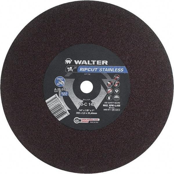 WALTER Surface Technologies - 14" 36 Grit Aluminum Oxide Cutoff Wheel - 1/8" Thick, 1" Arbor, 4,400 Max RPM, Use with Stationary Tools - Industrial Tool & Supply