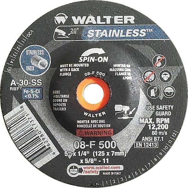 WALTER Surface Technologies - 30 Grit, 5" Wheel Diam, 1/4" Wheel Thickness, Type 27 Depressed Center Wheel - Aluminum Oxide, Resinoid Bond, 12,200 Max RPM - Industrial Tool & Supply