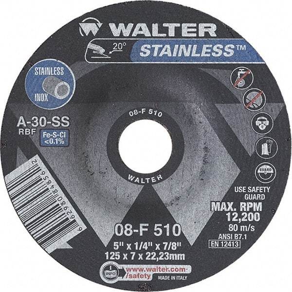 WALTER Surface Technologies - 30 Grit, 5" Wheel Diam, 1/4" Wheel Thickness, 7/8" Arbor Hole, Type 27 Depressed Center Wheel - Aluminum Oxide, Resinoid Bond, 12,200 Max RPM - Industrial Tool & Supply