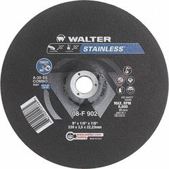 WALTER Surface Technologies - 30 Grit, 9" Wheel Diam, 1/8" Wheel Thickness, 7/8" Arbor Hole, Type 27 Depressed Center Wheel - Aluminum Oxide, Resinoid Bond, 6,600 Max RPM - Industrial Tool & Supply