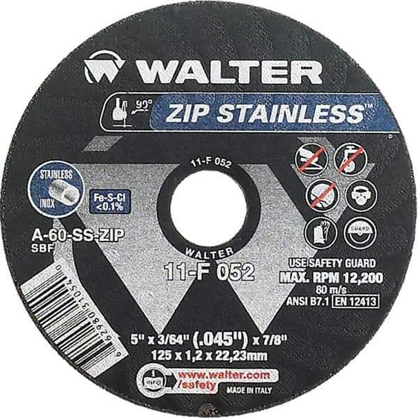 WALTER Surface Technologies - 5" 60 Grit Aluminum Oxide/Silicon Carbide Blend Cutoff Wheel - 3/64" Thick, 7/8" Arbor, 12,200 Max RPM, Use with Angle Grinders - Industrial Tool & Supply