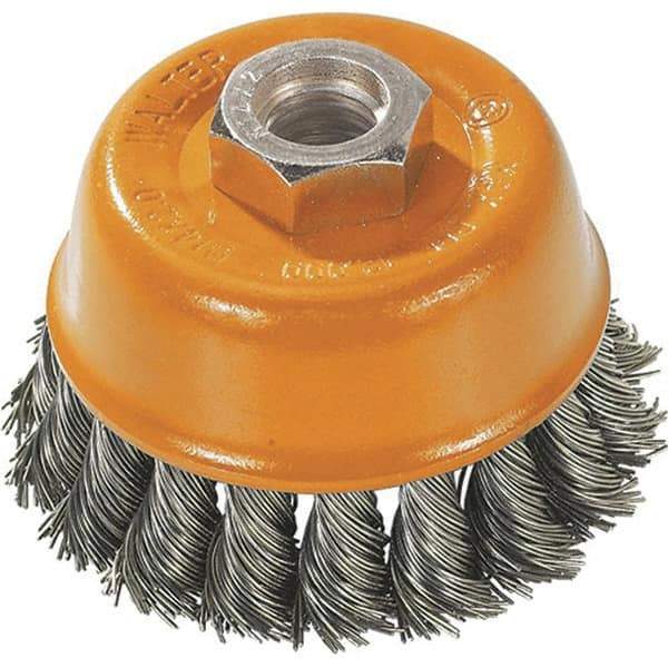WALTER Surface Technologies - 3" Diam, M10x1.25 Threaded Arbor, Steel Fill Cup Brush - 0.015 Wire Diam, 12,000 Max RPM - Industrial Tool & Supply