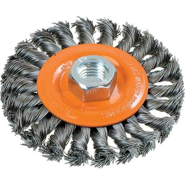 WALTER Surface Technologies - 4" OD, 5/8-11 Arbor Hole, Knotted Steel Wheel Brush - 3/8" Face Width, 0.02" Filament Diam, 20,000 RPM - Industrial Tool & Supply