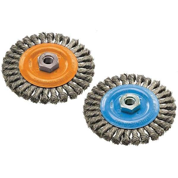 WALTER Surface Technologies - 6" OD, 5/8-11 Arbor Hole, Knotted Steel Wheel Brush - 3/8" Face Width, 0.02" Filament Diam, 10,000 RPM - Industrial Tool & Supply