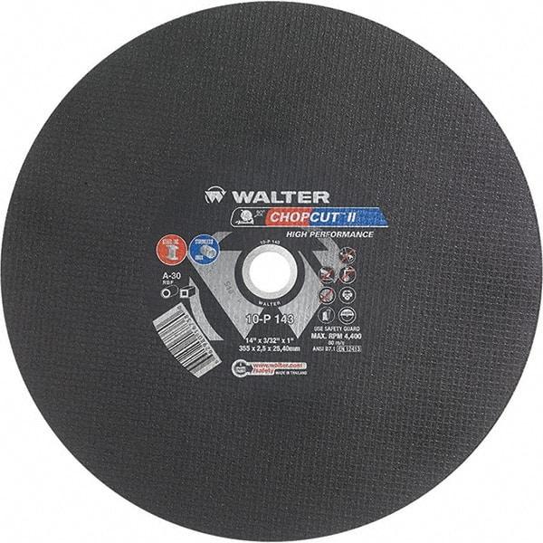 WALTER Surface Technologies - 14" 30 Grit Aluminum Oxide Cutoff Wheel - 3/32" Thick, 1" Arbor, 4,400 Max RPM, Use with Chop Saws - Industrial Tool & Supply