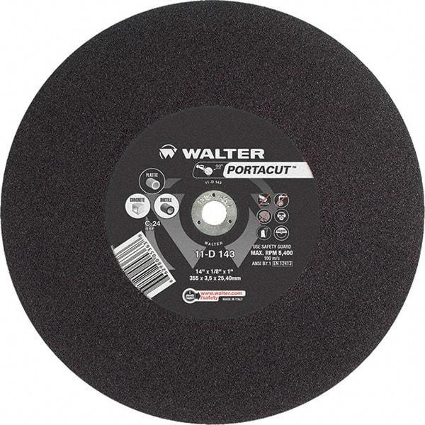 WALTER Surface Technologies - 14" 24 Grit Aluminum Oxide Cutoff Wheel - 1/8" Thick, 1" Arbor, 5,400 Max RPM, Use with Electric & Gas Powered Saws - Industrial Tool & Supply