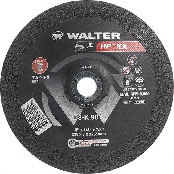 WALTER Surface Technologies - 16 Grit, 9" Wheel Diam, 1/4" Wheel Thickness, 7/8" Arbor Hole, Type 28 Depressed Center Wheel - Aluminum Oxide, Resinoid Bond, 6,600 Max RPM - Industrial Tool & Supply