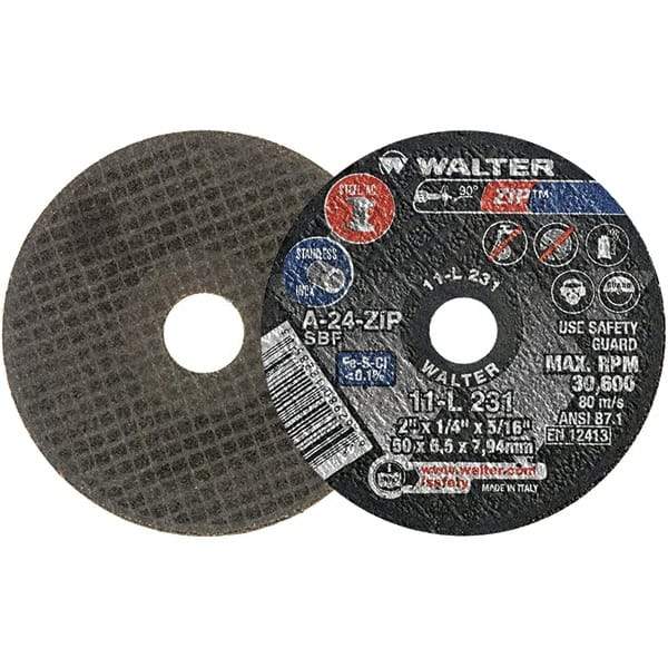 WALTER Surface Technologies - 2" 24 Grit Aluminum Oxide Cutoff Wheel - 1/4" Thick, 5/16" Arbor, 31,000 Max RPM, Use with Die Grinders - Industrial Tool & Supply