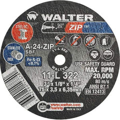 WALTER Surface Technologies - 3" 24 Grit Aluminum Oxide Cutoff Wheel - 1/8" Thick, 1/4" Arbor, 25,470 Max RPM, Use with Die Grinders - Industrial Tool & Supply