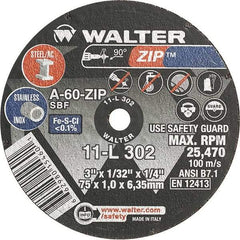 WALTER Surface Technologies - 3" 60 Grit Aluminum Oxide Cutoff Wheel - 1/32" Thick, 1/4" Arbor, 25,470 Max RPM, Use with Die Grinders - Industrial Tool & Supply