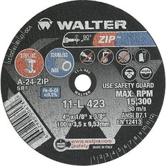 WALTER Surface Technologies - 4" 24 Grit Aluminum Oxide Cutoff Wheel - 1/8" Thick, 3/8" Arbor, 19,100 Max RPM, Use with Die Grinders - Industrial Tool & Supply