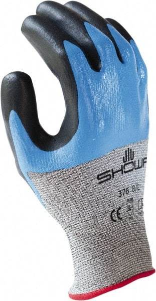 SHOWA - Size L (8), ANSI Cut Lvl 4, Puncture Lvl 2, Abrasion Lvl 3, Nitrile Coated HPPE Fiber/Stainless Steel Cut Resistant Gloves - Palm, Fingers & Knuckles Coated, Black/Blue, Paired - Industrial Tool & Supply